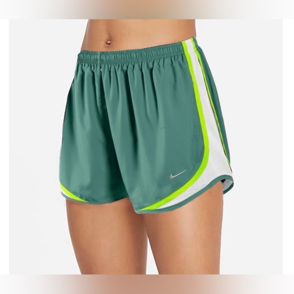 Nike Women's Dri-Fit Tempo Teal Running Shorts with side panels & Yellow Trim